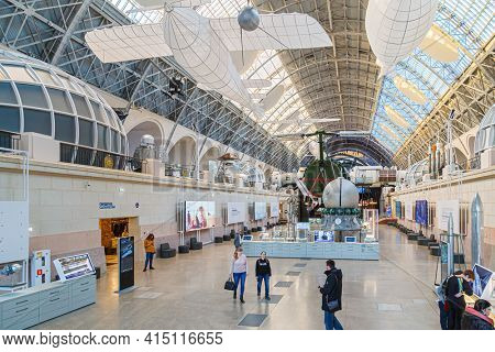 Moscow, Russia - November 28, 2018: Space museum. Inside The Cosmonautics and Aviation Centre in the Cosmos pavilion of VDNH. Aircraft exhibition. Rocket science.