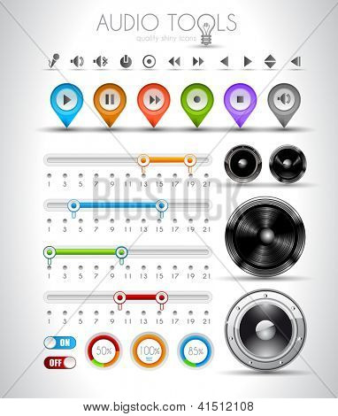 Audio Tools design Elements-Auflistung: pins, Musik Player Icons, Lautsprecher, Bars mit Werten weiter aus
