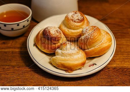 Traditional Easter Baking Served With Honey At Breakfast. Delicious Homemade Hot Buns From Sweet Yea