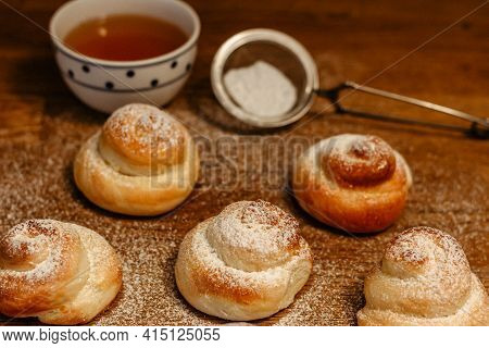 Traditional Easter Baking Served With Honey At Breakfast. Delicious Homemade Hot Buns From Sweet Yea