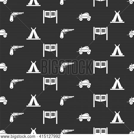 Set Wild West Covered Wagon, Indian Teepee Or Wigwam, Revolver Gun And Saloon Door On Seamless Patte
