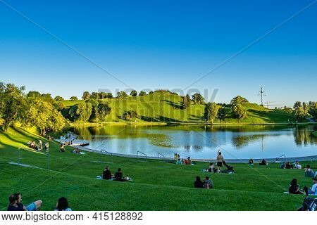 Munich, Germany - Jul 27, 2020: Stadium Of The Olympiapark In Munich, Germany, Is An Olympic Park Wh