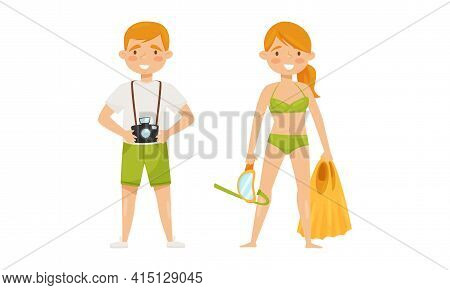 Man With Photo Camera And Woman In Swimming Suit And With Swimfin As Summer Tourists Vector Set