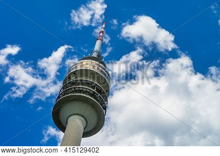 Munich, Germany - Jul 27, 2020: The Olympiaturm Has An Overall Height Of 291 M And A Weight Of 52,50