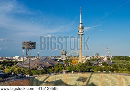 Munich, Germany - Jul 27, 2020: The Olympiaturm Has An Overall Height Of 291 M And A Weight Of 52,50