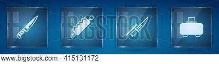 Set Military Knife, Trap Hunting, Bayonet On Rifle And Weapon Case. Square Glass Panels. Vector