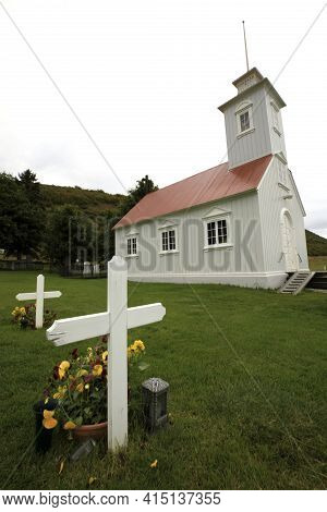 Akureyri / Iceland - August 26, 2017: The Wooden Church In Laufas Folk Museum Area, Iceland, Europe