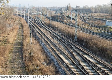 Railway And Industrial Area Of The City. Industrial Area Of The City With Rail And Multi-track Railw