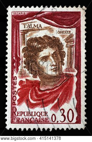 ZAGREB, CROATIA - SEPTEMBER 09, 2014: Stamp printed in the France shows French actor Francois Joseph Talma (1763-1826), famous French actor for classical tragedy, Famous actors series, circa 1961
