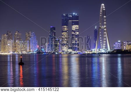 Dubai, Uae - October 28, 2020. Ain Dubai , Marina Night Scene With City Lights, Luxury New High Tech