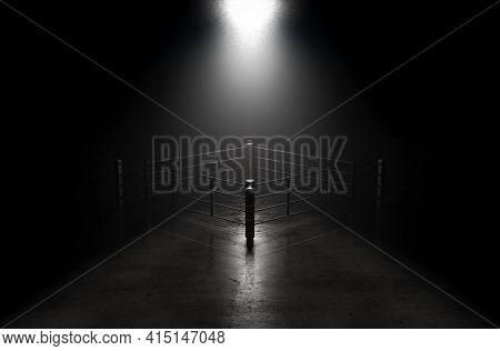 A Concept Showing A Boxing Ring On A Reflective Concrete Lined Floor Backlit By A Single Honeycomb S