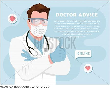 Confident Doctor In Mask, Protective Glasses And Gloves, Vector Illustration. Fighting The Coronavir