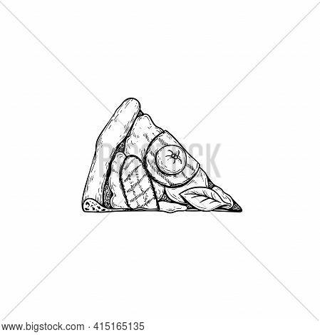 Pizza Romana Piece. Top View. Hand Drawn Sketch Style Pizza With Grilled Veggies Drawing. Traditiona