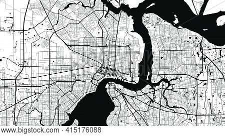 Black And White Vector Background Map, Jacksonville City Area Streets And Water Cartography Illustra