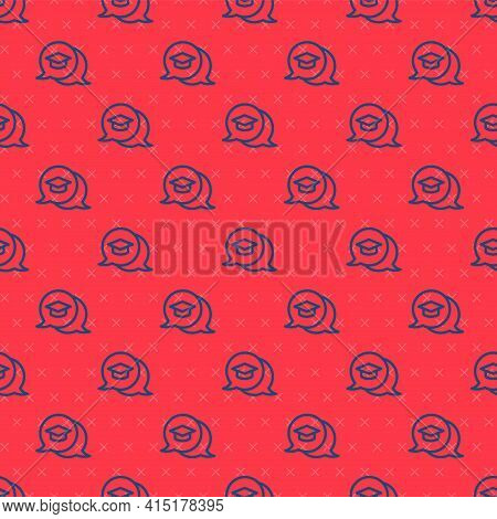 Blue Line Graduation Cap In Speech Bubble Icon Isolated Seamless Pattern On Red Background. Graduati