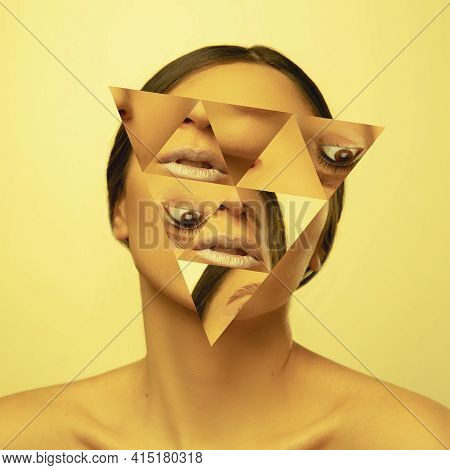Young Womans Portrait Made Of Different Pieces Of Faces, Modern Art Collage.