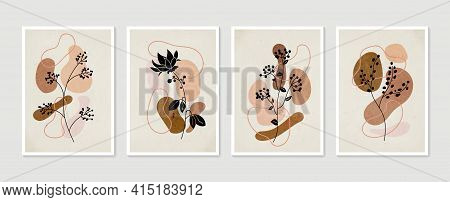 Botanical Wall Art Set. Minimal And Natural Wall Art. Boho Foliage Line Art Drawing With Abstract Sh