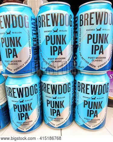 Samara, Russia - March 31, 2021: Alcoholic Beer In Metal Cans Ready For Sale On The Shelf In Superst