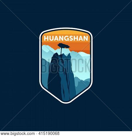 Huangshan China Mountains Vintage Logo Emblem Illustration Design . Travel Logo Badge Template