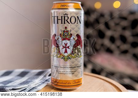 Tyumen, Russia-february 13, 2021: Thron Lager Germany Is A German Manufacturer Of Beverage Group. Se