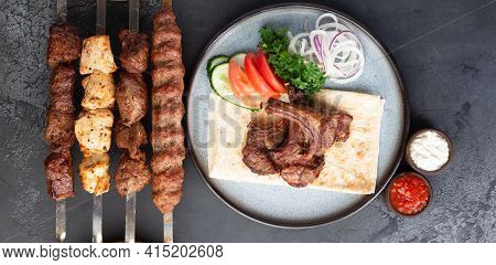 Platter Of Kebabs. Kebab Chicken, Kebab With Lamb, A Shish Kebab Of Chicken
