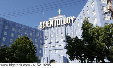 Los Angeles, California Usa - 24 Feb 2020: Church Of Scientology Exterior, Facade Of Blue Building N