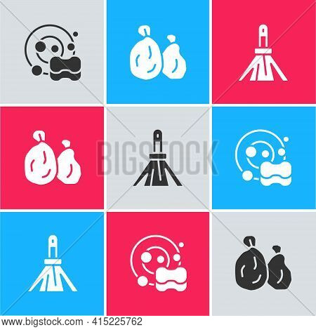Set Washing Dishes, Garbage Bag And Handle Broom Icon. Vector