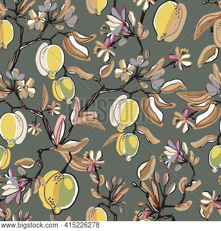 Lemons Blooming Branches Seamless Pattern. Beautiful Drawn Floral Background. Botanical Citrus Plant