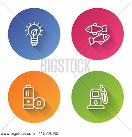 Set Line Light Bulb With Leaf, Dead Fish, Battery And Petrol Or Gas Station. Color Circle Button. Ve