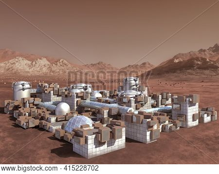 3d Illustration Of A Mars Colony, On A Red Rocky Terrain With Industrial, Modular, Architecture And 