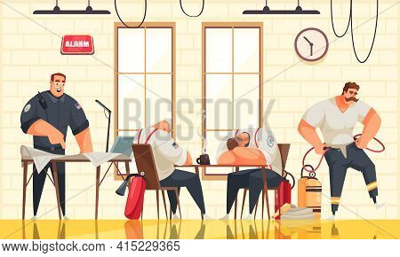 Four Male Firefighters Having Rest At Fire Station Cartoon Vector Illustration
