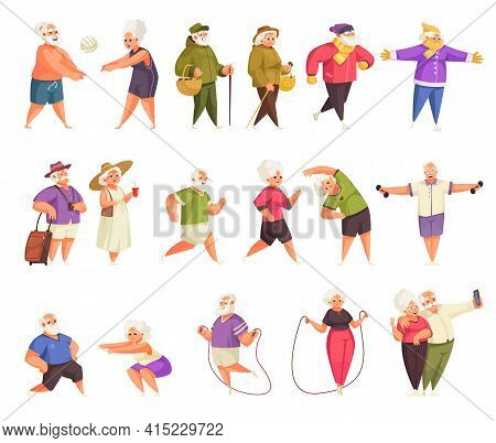 Old People Activity Cartoon Set With Walking Jogging Skipping Rope Playing Ball Traveling Exercising