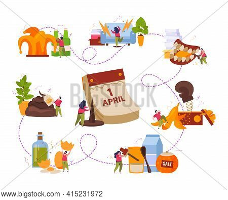 All Fools Day Flat Set Of Connected Compositions With Calendar Icon Joker Hat Pranks And People Vect