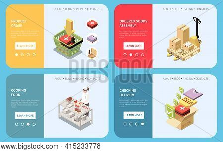 Isometric Horizontal Banners Set With Product Order Its Assembly Checking Delivery And Character Coo