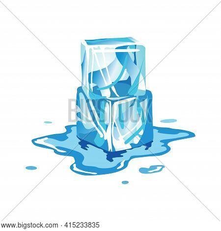 Water Ice Cube Icon. Frozen Melting Water Particles. Set Of Translucent Ice Cubes In Blue Colors. Re
