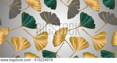 Vector Banner Of Ginkgo Biloba Leaf. Ink Line Art Design. Seamless Pattern.