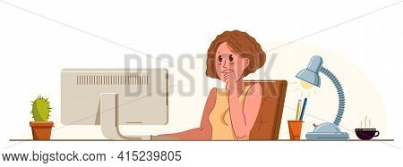Girl Office Worker Pensive Concentrated On Her Work Vector Flat Illustration Isolated, Serious Atten