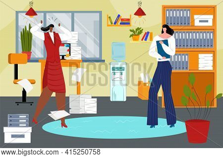 Woman People Have Work Problem, Vector Illustration. Business Conflict Between Angry Worker Person, 