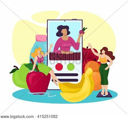Nutrition Diet At Smartphone App, Food Meal For Healthy Fitness Vector Illustration. Woman Person Ch