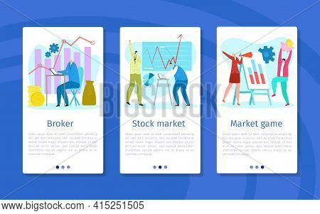 Stock Market, Mobile Landing Banner Vector Illustration. Man Woman Character Make Money Management O