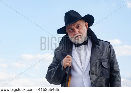 Handsome Fashion Senior Old Mature Man. Elderly Mature Greybeard. Close Up Face Portrait Of Senior. 