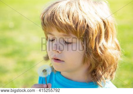Spring Or Summer Kid Blow Dandelions Flower On Walk And Grass Background. Soul Harmony Concept