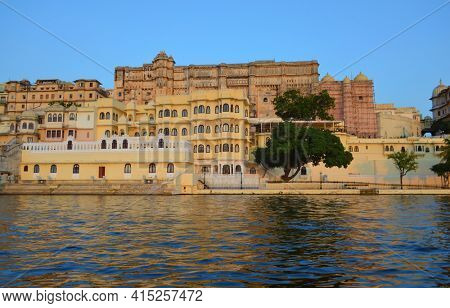 UDAIPUR, INDIA - November 4, 2015: The old city seen from the Lake Pichola. 