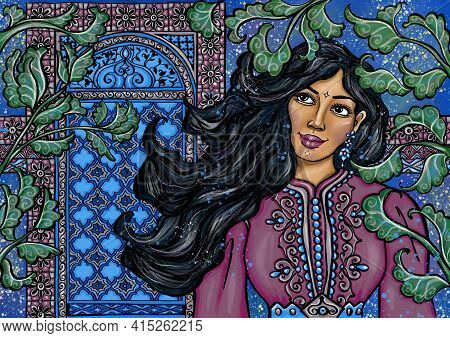 Moroccan Woman In Traditional Kaftan Dress With Ornamental Window