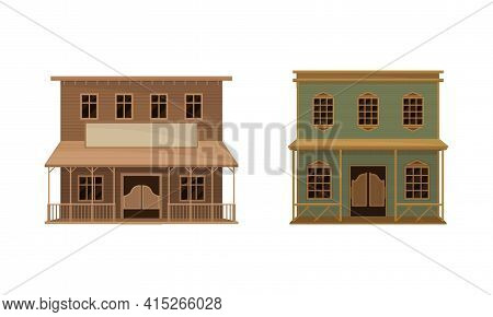 Western Two-storey Saloon Or Bar Having Batwing Doors Vector Set