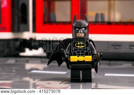 Tambov, Russian Federation - March 03, 2021 Lego Batman Standing On The Platform In Front Of A Red T