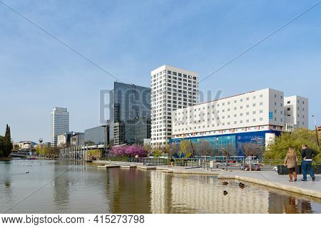 Sabadell - Catalonia, Spain - April 1st Of 2021: Wide View Of Eix Macia Avenue Main Buildings With T
