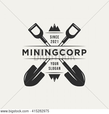 Mining Corp And Two Crossed Shovel Vintage Logo Template Vector. Retro Classic Mining, Miner Logo Co