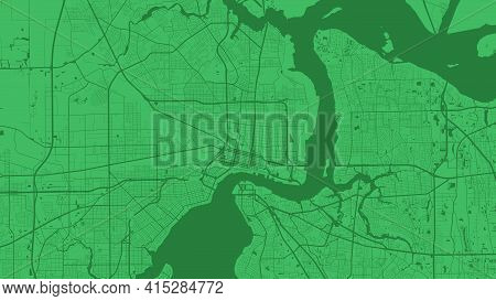 Green Vector Background Map, Jacksonville City Area Streets And Water Cartography Illustration. Wide