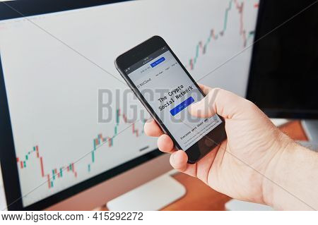 Moscow, Russia, 02.04.2021: Man Tries To Sign Up Into Bitclout Social Network From Smartphone. Bitcl